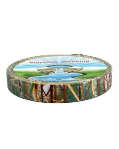 The pattern is a woodland camouflage design inspired by natural forest environments. It features vertical and angled tree-branch and grass elements in olive green, moss green, tan, brown, and muted gray tones.