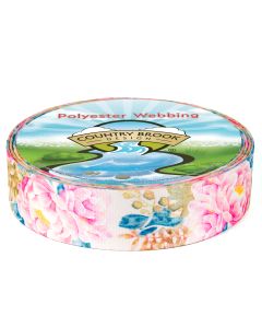 Pink peonie flowers with blue and orange leaves printed onto a roll of polyester webbing