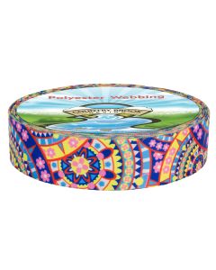 Roll of webbing with boho mandala of blues and yellow and pink