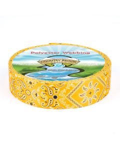 Yellow webbing with paisleys and different abstract patterns 