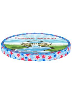 The webbing features a light blue background covered with red and dark blue stars in varying sizes. The repeating star motif gives it a fun, Americana-inspired look.