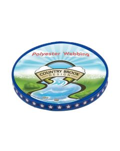 Blue polyester webbing with white stars in red circles printed onto polyester webbing