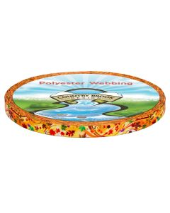 Yellow polyester webbing with green, red, orange, and yellow leaves seemingly floating on the wind printed onto it