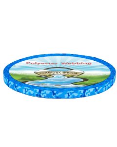 A roll of polyester webbing with different shades of blue cartoon dog bones scattered to look like a camouflage pattern