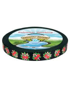 A roll of webbing with candy canes, green holly leaves, and red bows on a black background.