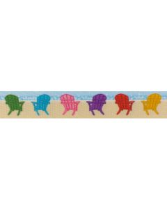 Different color chairs sitting along the shore of a beach facing the ocean printed onto polyester webbing