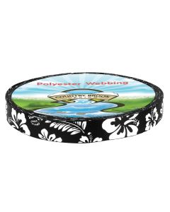 The webbing showcases a Hawaiian-inspired floral print. Large white hibiscus flowers and tropical leaves are scattered across the surface.