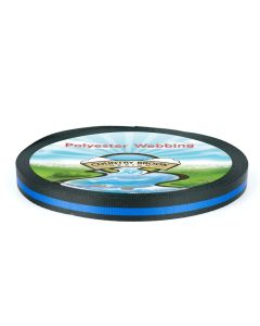 The webbing is black with a bright blue stripe running lengthwise down the center.