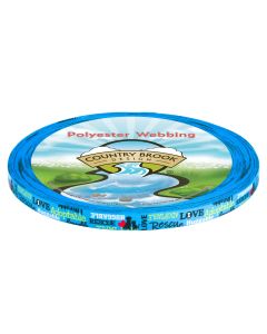 Featuring a bright blue background with a repeating rescue-themed design. Words such as &ldquo;LOVE,&rdquo; &ldquo;Adoptable,&rdquo; &ldquo;Rescue,&rdquo; &ldquo;Huggable,&rdquo; and &ldquo;Adorable&rdquo; appear in different colors (yellow, white, blue, black) along the length of the webbing. The pattern also inc