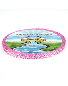 Polyester webbing features a cute and cheerful bunny-themed pattern set against a vibrant pink background