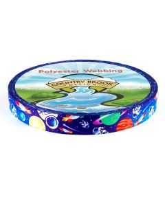 Blue polyester webbing with stars spotted alongside cartoon planets, rockets and astronauts