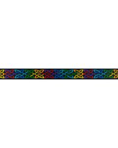 Black polyester webbing with rainbow celtic knots printed on it