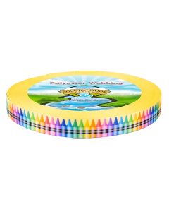 A roll of Country Brook Design polyester webbing featuring a yellow background with a repeating row of colorful rainbow crayons along the edge.