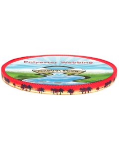 A roll of polyester webbing with a beachy sunset and palm trees printed on it