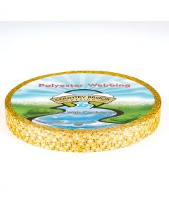 The webbing is a bright yellow with a repeating small floral/leaf-like print in white and dark accents, giving it a cheerful, decorative look.
