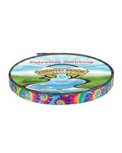 polyester webbing features a vibrant multicolor tie-dye pattern. The design consists of swirling bursts of color—red, yellow, green, blue, and purple—arranged in repeating circular tie-dye motifs. The result is a bold, eye-catching, and playful aesthetic