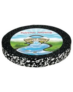 A roll of polyester webbing with black and white cowhide printed onto it