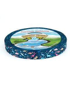 The webbing features a dark navy blue background covered with colorful dinosaurs in shades of teal, light blue, pink, and peach. Small leaves, flowers, and decorative accents are scattered throughout, creating a fun, whimsical pattern.