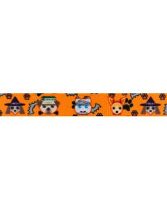 Orange polyester webbing with dogs and cats dressed as witches, zombies, mummies, and vampires with bats and paw prints in the background