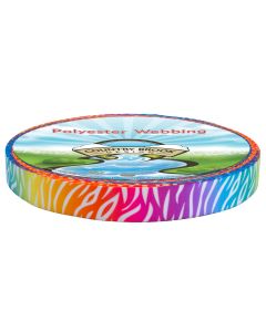 A gradient rainbow polyester webbing with white zebra stripes printed over it