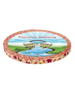Light orange polyester webbing wit orange, red, and yellow leaves printed on it