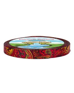 A roll of photo quality polyester webbing with red, orange, and yellow paisley pattern printed onto it