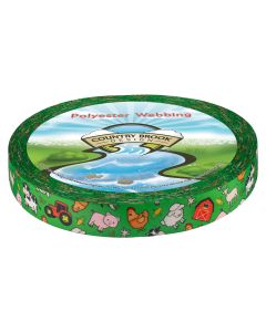 A roll of green polyester webbing with chickens, sheep, cows, pigs, goats, corn, tractors and farm houses scattered along it