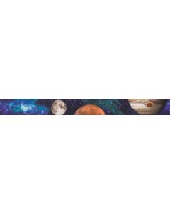 A starry night sky with different planets and galaxies printed onto polyester webbing