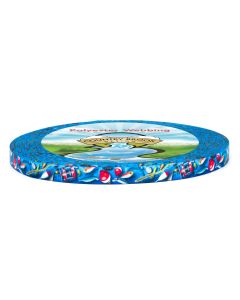 polyester webbing features a fishing-themed pattern set against a vibrant blue background. The design includes a variety of detailed fishing imagery, making it perfect for outdoor, hobby, or sports-inspired projects.