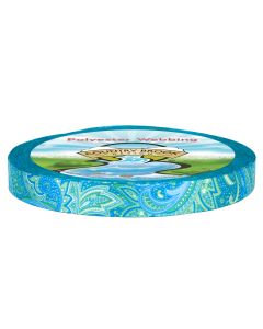 Green and blue paisley patterns printed onto a roll of polyester webbing