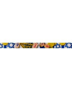Polyester webbing with dreidels, gold coins, and the star of David printed onto it