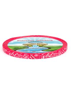 polyester webbing features bright, festive Christmas-themed pattern. The design is printed on a vivid red background and incorporates classic holiday icons in a crisp white print.