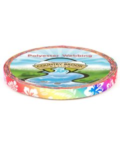 Polyester webbing with a gradient rainbow coloring and white hibiscus flowers and palm leaves printed over it