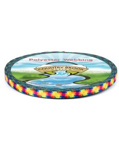 polyester webbing features a vibrant, geometric kaleidoscope-inspired pattern. The design is composed of repeating, interlocking shapes that create a colorful mosaic effect.