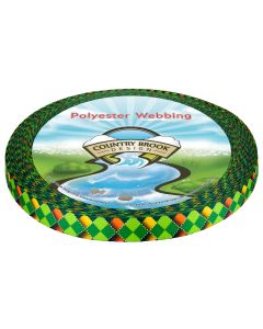 A roll of polyester webbing with green orange and yello argyle pattern printed onto it
