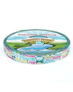 Polyester webbing features a cheerful, retro, and uplifting “Peace, Love, Kindness” theme. The design blends bright colors, positive messaging, and whimsical illustrations to create a fun, feel-good aesthetic.
