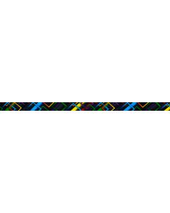 Black polyester webbing with red, blue, orange, and green geometric shapes