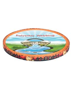 Orange polyester webbing with jack-o-lanterns, witches, and bats printed on it