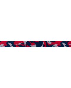 Polyester webbing with navy blue, red, and grey camo pattern printed onto it