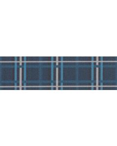 Navy blue polyester webbing with lines of lighter shades of blue and silver to make it a plaid pattern