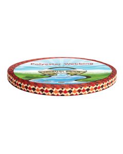Orange, brown and red leaves on a cream background printed onto a roll of polyester webbing