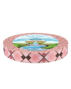 Different shades of pink and brown printed into an argyle pattern on a roll of polyester webbing