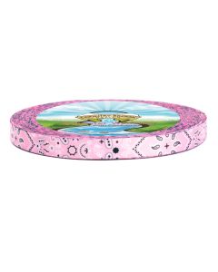 Pink polyester webbing with a bandana pattern printed on it