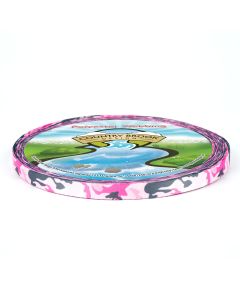 Pinks, whites, blacks, and greys printed onto a roll of polyester webbing in a camo pattern