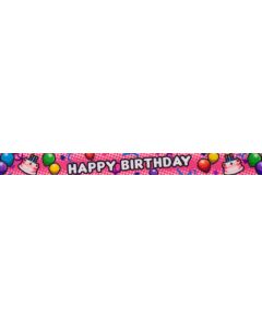 Pink polyester webbing with balloons, cake, and "Happy Birthday" printed onto it