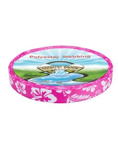 The webbing features a vibrant pink background decorated with white hibiscus-style flowers and leafy accents.