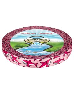 Pink polyester webbing with pink and white cartoon sharks printed onto it