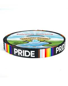 Black webbing, with white Pride letters, and rainbow stripes