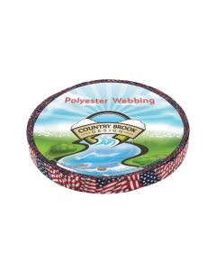 A roll of polyester webbing with American flags printed onto it