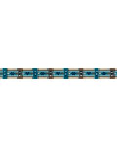 Brown polyester webbing with blue and brown crossing lines making a plaid pattern as well as hearts and paw prints